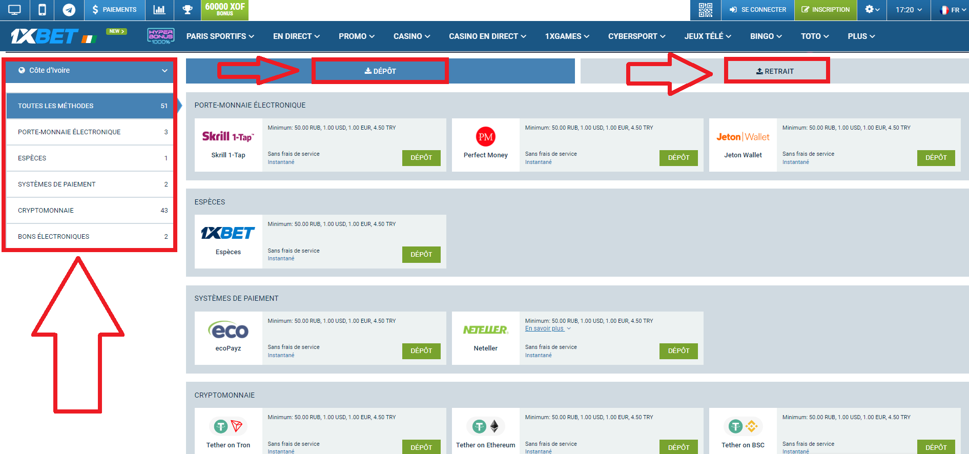 Que faire pour 1xBet mobile se connecter Méthodes de paiement disponibles au 1xBet CI